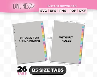 May include: Two gray B5 size tab dividers, one with 9 holes for a 9-ring binder and the other without holes. The tabs have a rainbow color scheme. The dimensions are 9.8" (250mm) x 7.37" (187.2mm) and 6.9" (176mm). The image includes the text "LUVLINESS" and "26 TABS".