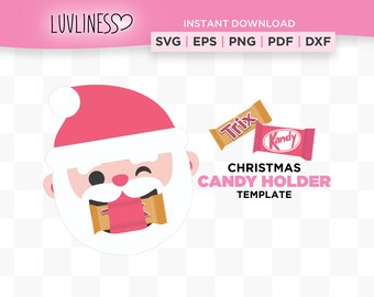 May include: A printable Christmas candy holder template featuring a cartoon Santa Claus with a candy bar in his mouth. The text "Trix" and "Kandy" are on the candy bars. The text "CHRISTMAS CANDY HOLDER TEMPLATE" is below the image.
