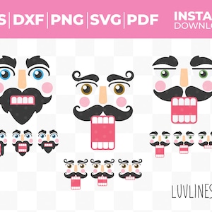 Conjunto de 9 SVG de rosto de quebra-nozes para Cricut e silhueta, clipart PNG de rosto de quebra-nozes, arquivo de corte de rosto de quebra-nozes, ornamento de quebra-nozes e presentes