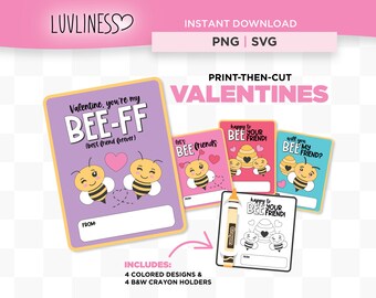 Bee My Valentine, Printable Valentine Cards for Kids & Valentine Crayon Card for Cricut Print-Then-Cut, Cute Valentines for Kids Class