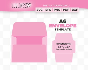 May include: A pink A6 envelope template with dimensions of 6.5 inches by 4.8 inches. The template can be scaled.