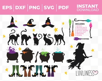 Witch SVG Bundle, 32 Witchy Halloween SVG and Clip Art for Cricut & Silhouette, with Witch's Cauldron, Black Cat, Witch's Feet and Brooms