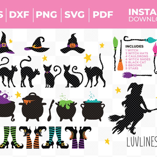 Witch SVG Bundle, 32 Witchy Halloween SVG and Clip Art for Cricut & Silhouette, with Witch's Cauldron, Black Cat, Witch's Feet and Brooms