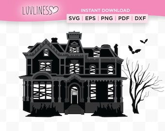 Haunted House Victorian Style Mansion SVG, Instant Download for Cricut & Silhouette, Haunted House Clip Art, Strange Creepy House with Tree