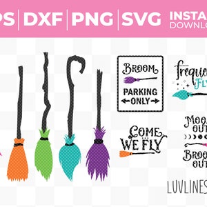 Witch Brooms SVG-bundel, 9 ontwerpen, Come We Fly, Moons Out Brooms Out, Broom Parking, Frequent Flyer SVG-bestanden voor Cricut &Silhouette