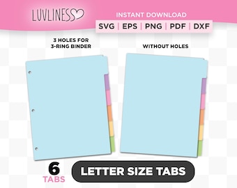 Letter Size Tab Dividers, 6 Tabs SVG, DIY Binder Tabs for Cricut & Silhouette, Customizable Tab Divider for Planner Tabs PNG