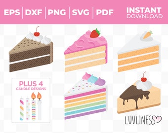 May include: Six different cake slice designs with a variety of toppings and fillings.  The designs include chocolate cake with chocolate frosting and sprinkles, strawberry cake with pink frosting and a strawberry, vanilla cake with vanilla frosting and a carrot, rainbow cake with rainbow frosting and sprinkles, and a chocolate cake with chocolate frosting and a cherry.  The text "PLUS 4 CANDLE DESIGNS" and "LUVLINESS" are also included in the image.