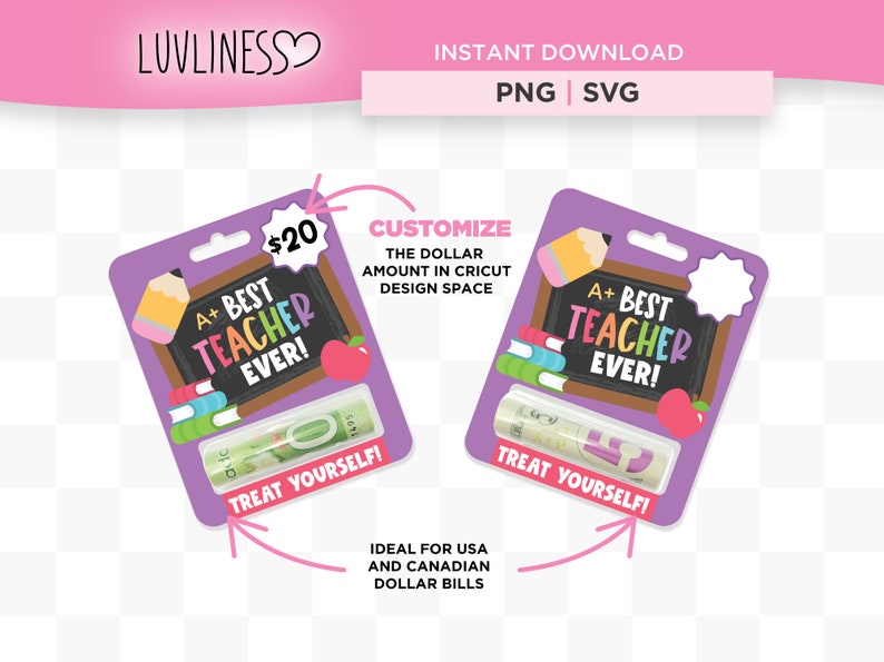 May include: Purple printable gift card with a chalkboard design that says "A+ Best Teacher Ever!" and a rolled up dollar bill. The card has a blank circle where you can customize the dollar amount. The text "Treat Yourself!" is at the bottom of the card.