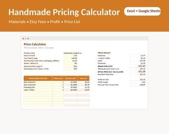 Spreadsheet voor het berekenen van handgemaakte prijzen, Etsy-kosten en winstmarge (Excel + Google Sheets)