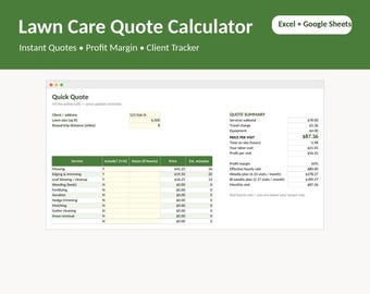 Calculator voor gazononderhoudsprijzen, sjabloon voor directe offerte in Excel (digitale download)