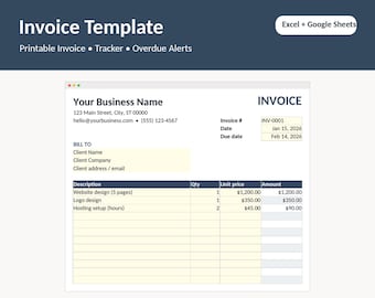 Factuursjabloon en -tracker voor freelancers, bewerkbaar in Excel of Google Sheets (digitale download)