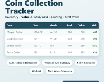 May include: A digital Coin Collection Tracker spreadsheet for Google Sheets and Excel. The interface displays a table with columns for Coin, Year, Grade, Paid, Value, and Gain, plus buttons for Auto Totals, Dashboard, and Melt Value Calculator.