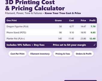 Calculadora de costos de impresión 3D en Google Sheets: precios de filamentos, costo real y ganancias, seguimiento de pedidos, hoja de cálculo de Excel para negocios de impresión.
