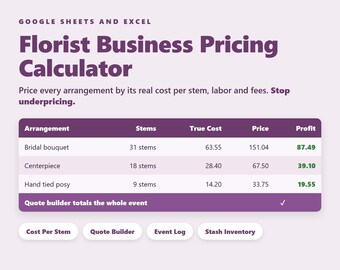 Preiskalkulation für Floristen (Google Tabellen) – Kosten pro Stiel, Blumenrezepte, Angebotserstellung, Event-Tracking, Excel