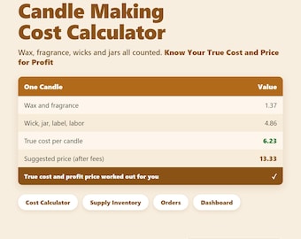 Calculadora de costos para la fabricación de velas en Google Sheets: precios de cera, fragancia y frascos, costo real y ganancias, inventario de suministros, hoja de cálculo de Excel.