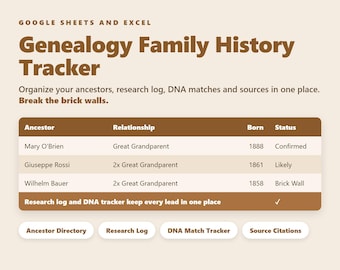 Genealogie-Tabellenkalkulation für Google Sheets – Familiengeschichts-Tracker, Forschungsprotokoll, DNA-Übereinstimmungs-Tracker, Ahnen-Organizer, Excel