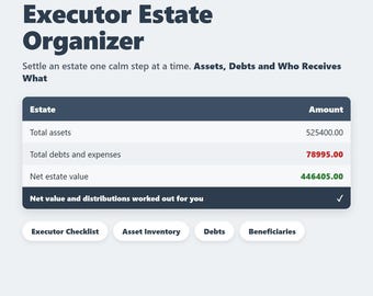 Hoja de cálculo de Google para la organización de la herencia del albacea: lista de verificación para la sucesión, inventario de activos y deudas, seguimiento de beneficiarios, hoja de cálculo de Excel para después del fallecimiento.
