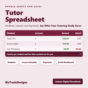 Tutor Spreadsheet, Student, Lesson and Payment Tracker, Tutoring Business Income and Expense Template, Google Sheets and Excel