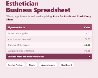 Hoja de cálculo para negocios de estética en Google Sheets: seguimiento de clientes, citas, calculadora de precios de servicios, contabilidad del salón, Excel