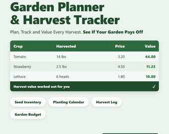 May include: A digital garden planner and harvest tracker for Google Sheets and Excel. The interface displays a table with columns for crop, harvested amount, price, and value, listing tomatoes, strawberries, and lettuce. Includes buttons for seed inventory, planting calendar, harvest log, and garden budget.