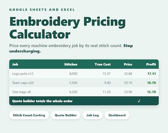Calculadora de precios de bordado en Google Sheets: costo por número de puntadas, generador de presupuestos, registro de trabajos, panel de ganancias, hoja de cálculo de Excel.