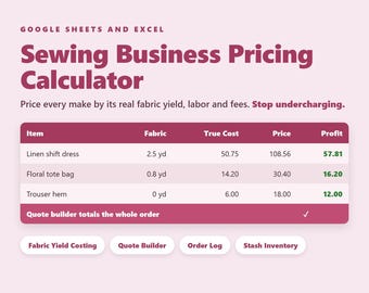 Preiskalkulator für Nähbetriebe (Google Tabellen) – Stoffkosten, Bestellverfolgung, Lagerbestand, Excel