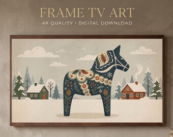 Scandi Blue Dala Horse TV Art | Nordic Winter Village Samsung Frame TV Wallpaper | Minimalist Folk Art 4K Digital Download