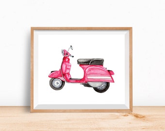 Printable Scooter Art Print, pink teen bedroom wall decor, kids playroom poster print, auto art, cool scooter painting, digital download