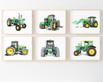 Printable Green Tractor watercolor prints, boys bedroom décor, tractor playroom wall art, kids room art print, digital download