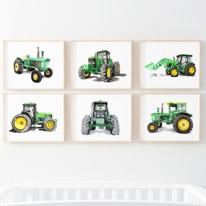 Printable Green Tractor watercolor prints, boys bedroom décor, tractor playroom wall art, kids room art print, digital download