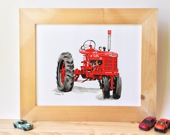 Printable Red Antique Tractor watercolor print, digital download, red tractor print, playroom wall art, tractor painting, big boys bedroom