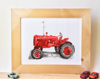 Printable Red Antique Tractor watercolor print, digital download, red tractor décor, boys nursery wall décor, boys bedroom wall art