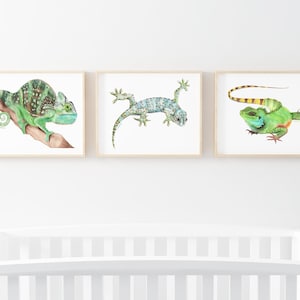 Printable Lizard watercolor art, boys bedroom art print set, playroom animal décor, reptile theme wall prints, kids room animal wall art