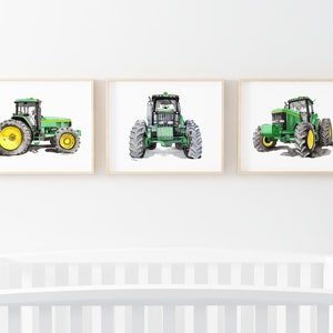 Printable Tractor Wall art, green tractor prints, boys bedroom watercolor art, tractor playroom décor, downloadable prints image 1