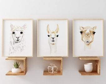 Printable Animal Wall Art Print Set, girls bedroom animal prints, llama alpaca art, llama watercolor, playroom animal poster