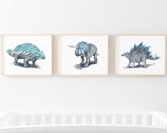 Printable Watercolor Dino Art Print Set, little boys dinosaur bedroom, prehistoric wall art, playroom wall decor, digital download