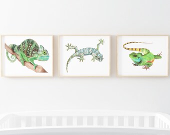 Printable Lizard watercolor art, boys bedroom art print set, playroom animal décor, reptile theme wall prints, kids room animal wall art