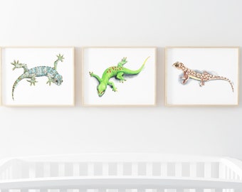 Printable Lizard watercolor art, boys bedroom art print set, playroom animal décor, reptile theme wall prints, kids room gecko wall art