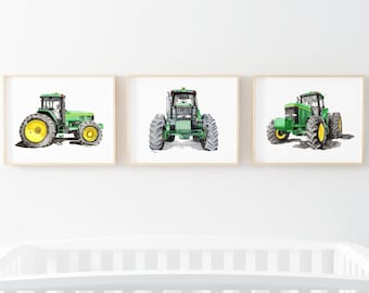 Printable Tractor Wall art, green tractor prints, boys bedroom watercolor art, tractor playroom décor, downloadable prints