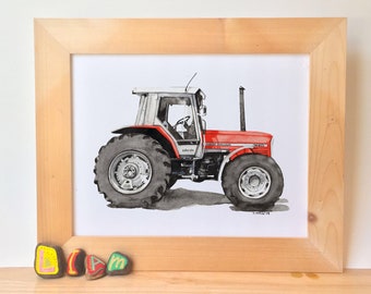 Printable Red Tractor Décor, kids playroom wall art, boys bedroom watercolor prints, digital download, boy nursery decor, tractor painting