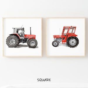 May include: Two watercolour paintings of red tractors on a white background. The tractors are different sizes and styles. The paintings are framed in natural wood frames.