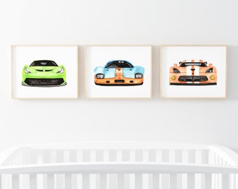 Printable Race Car Illustration, car art print set, old race car poster, boy bedroom watercolor wall art, digital download, baby room décor