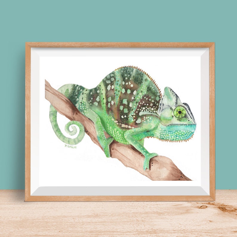 Printable Veiled Chameleon Watercolor painting, lizard art print, reptile poster, boys bedroom wall art, playroom animal decor image 2