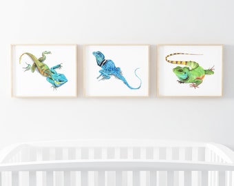 Printable Lizard watercolor art, boys bedroom art print set, playroom animal décor, reptile theme wall prints, kids room animal wall art