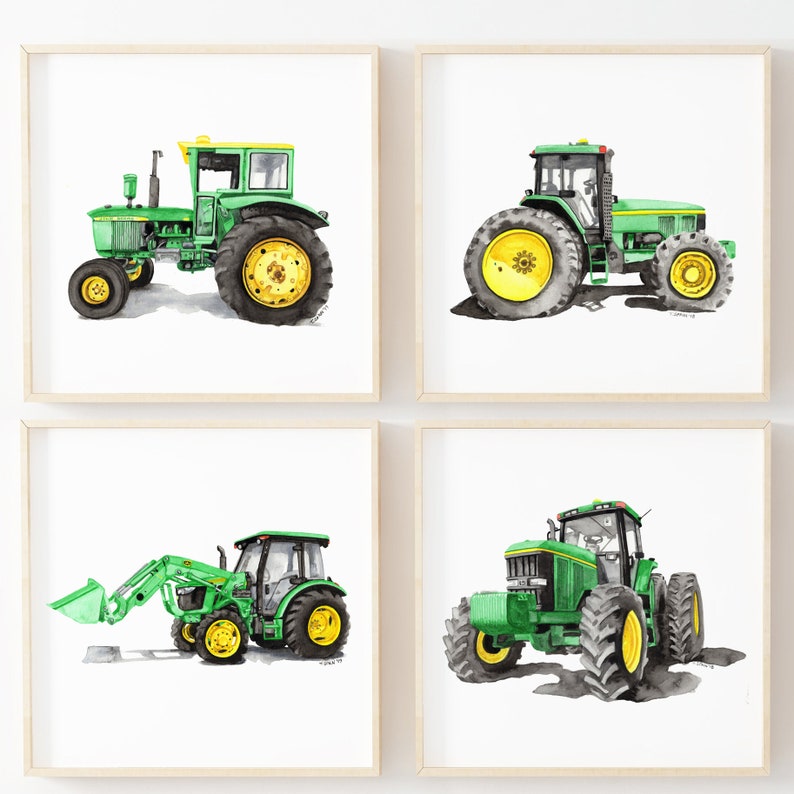 Printable Green Tractor Gallery Wall, watercolor digital prints, tractor printables, baby boys bedroom tractor wall décor image 2