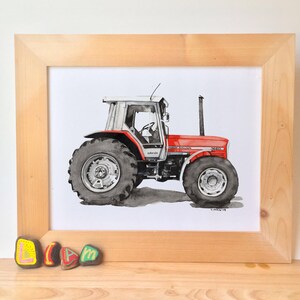 May include: A watercolour painting of a red tractor with a white cab. The tractor is on a white background with a grey shadow.