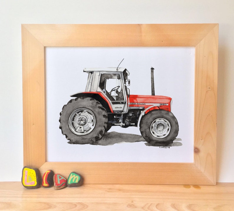 May include: A watercolour painting of a red tractor with a white cab. The tractor is on a white background with a grey shadow.