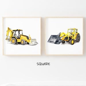 Printable Construction Bedroom Wall art, equipment watercolor art print set, loader, bulldozer, backhoe, digger, boys playroom poster