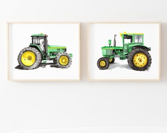Printable Green Tractor watercolor art print set, wall art for boys bedroom, playroom nursery decor, digital download