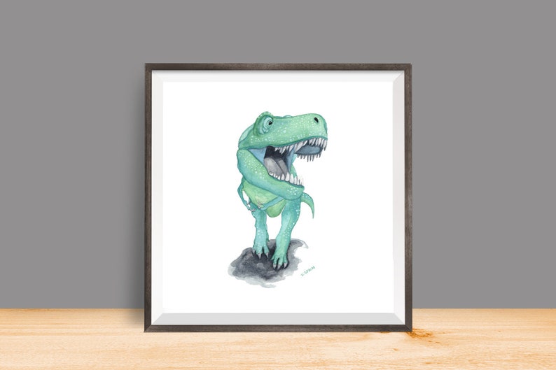 Printable T Rex Dinosaur Watercolor Wall Art, boys dino theme bedroom art prints, digital download, little boys dinosaur room image 3